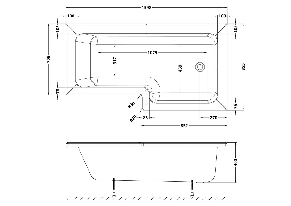 Modern Splash 1600mm Right-Hand Square Shower Bath With Legs