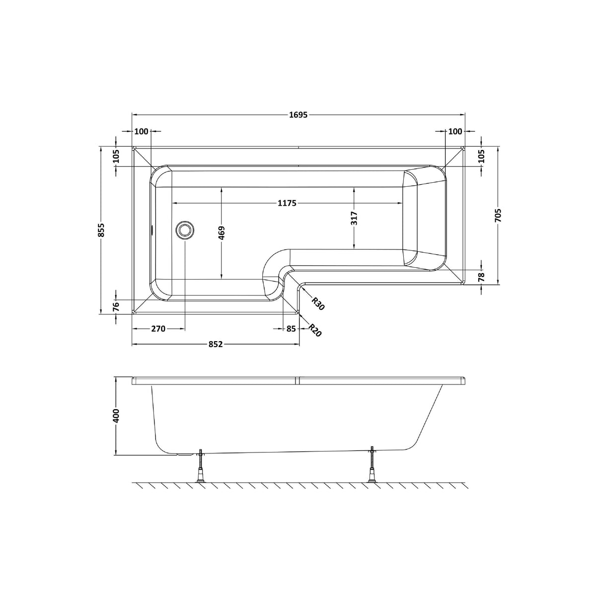 Modern Splash 1700mm Left-Hand Square Shower Bath With Legs