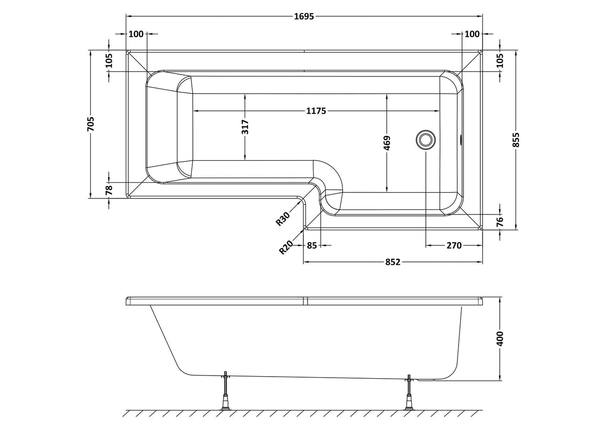 Modern Splash 1700mm Right-Hand Square Shower Bath With Legs