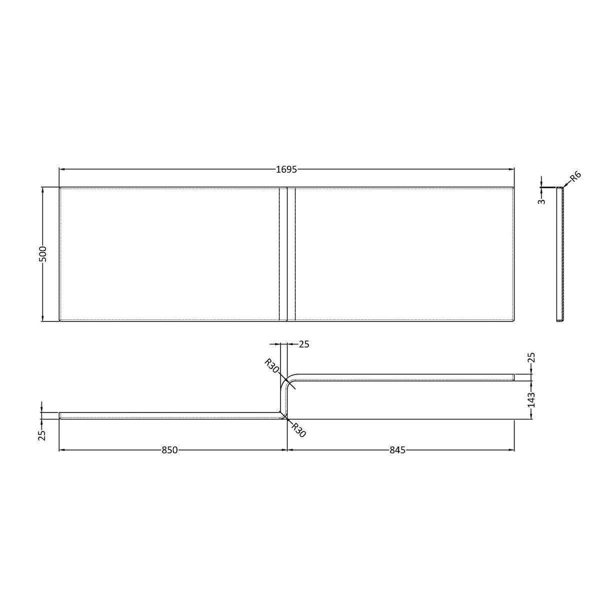 Modern Splash 1700mm L-Shaped Acrylic Shower Bath Front Panel
