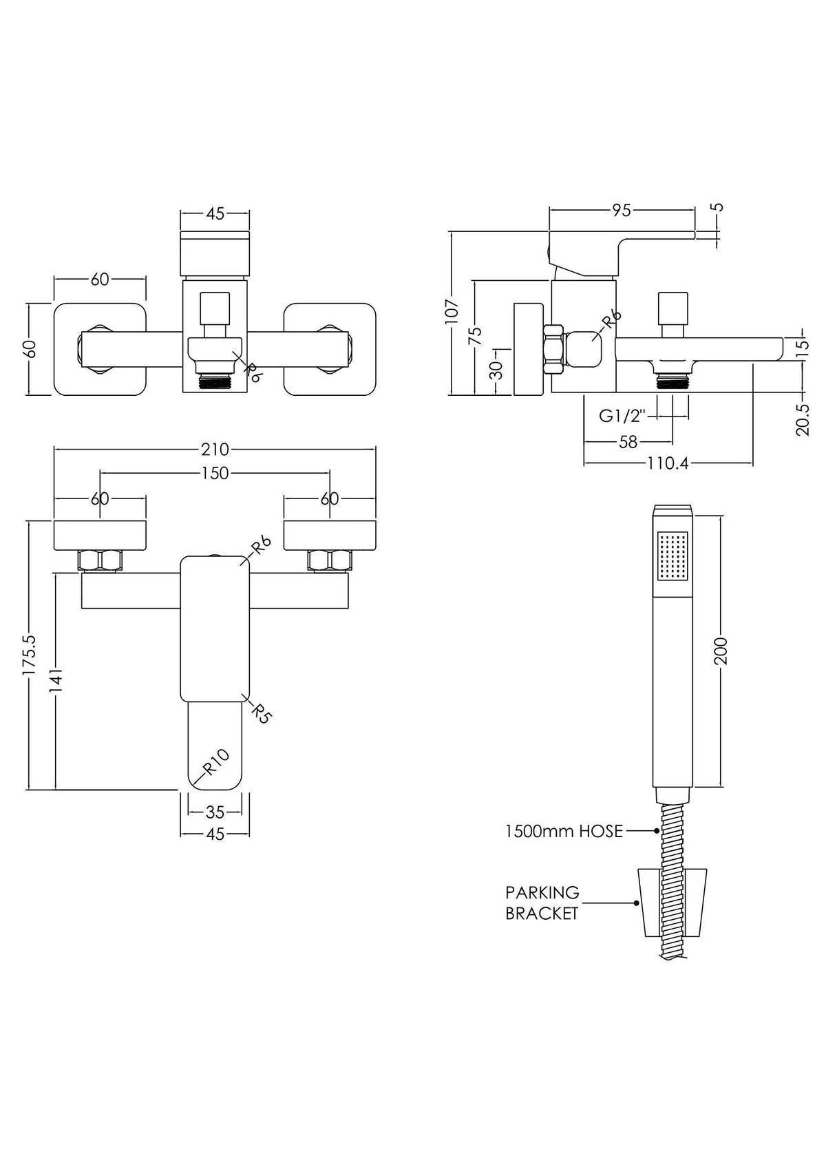 Modern Splash Chrome Wall Mounted Bath Shower Mixer With Kit