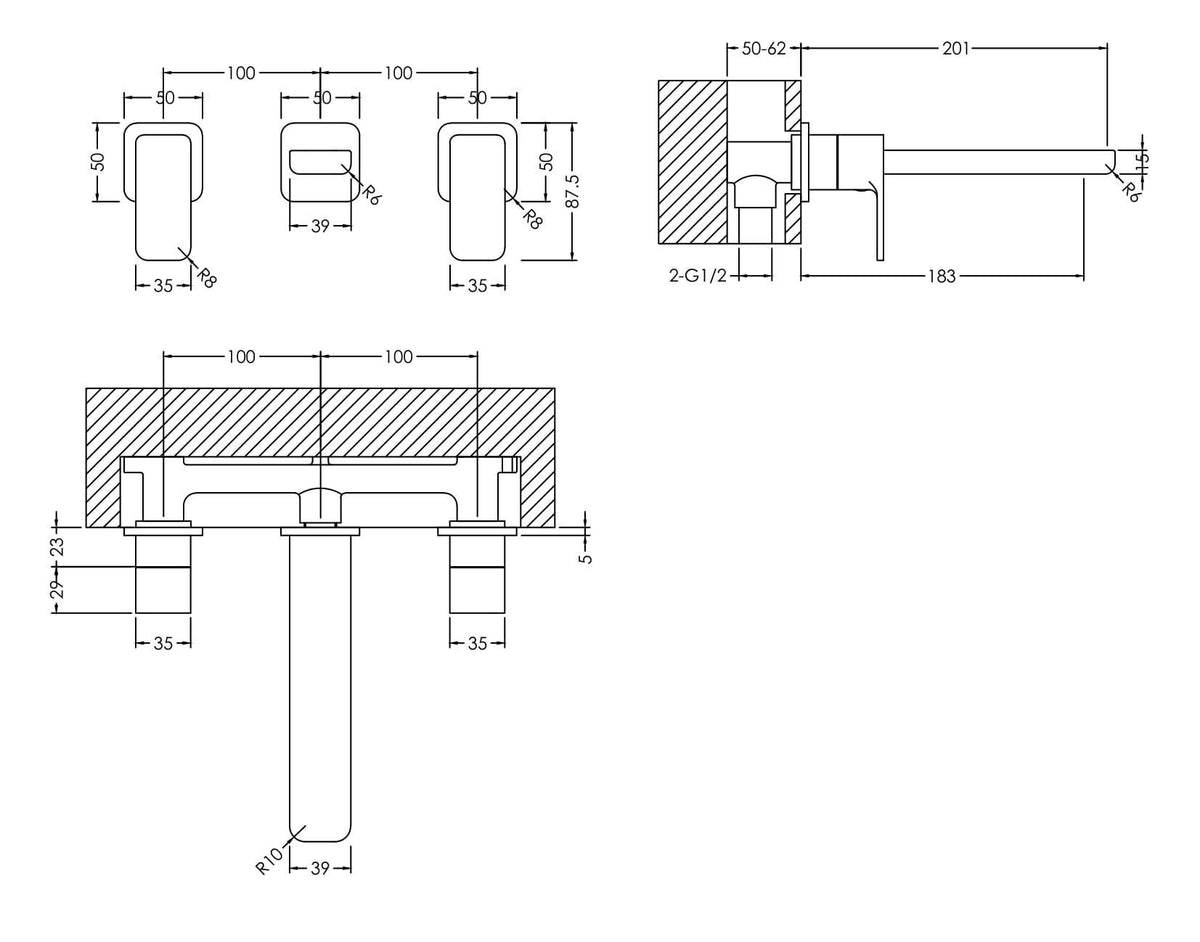 Modern Splash Chrome 3 Tap Hole Wall Mounted Basin Mixer