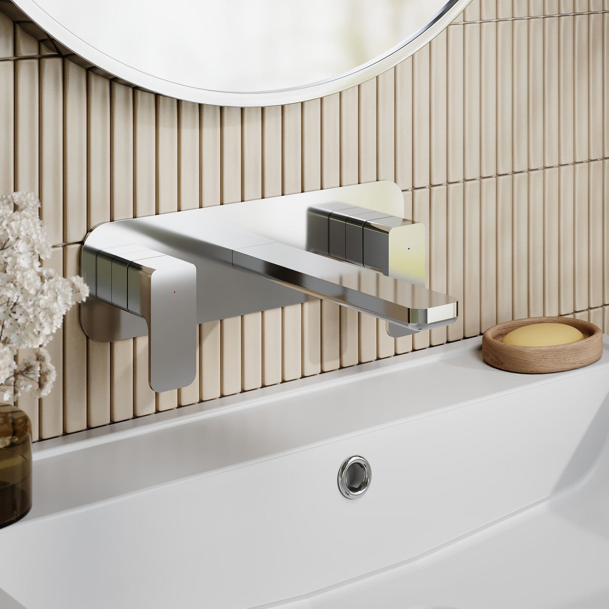 Modern Splash Chrome 3 Tap Hole Wall Mounted Basin Mixer With Plate