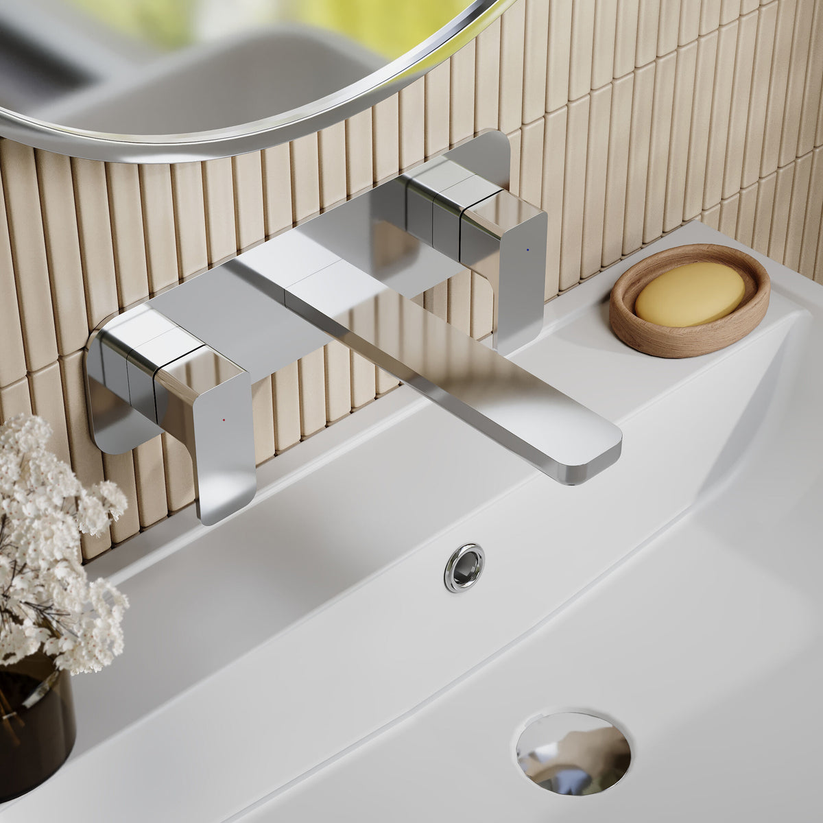 Modern Splash Chrome 3 Tap Hole Wall Mounted Basin Mixer With Plate