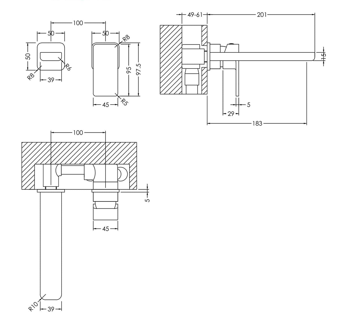 Modern Splash Chrome 2 Tap Hole Wall Mounted Basin Mixer