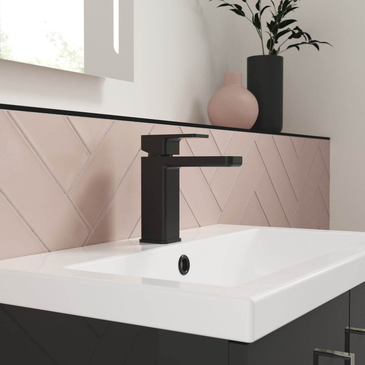Modern Splash Matt Black Mono Basin Mixer With Push Button Waste