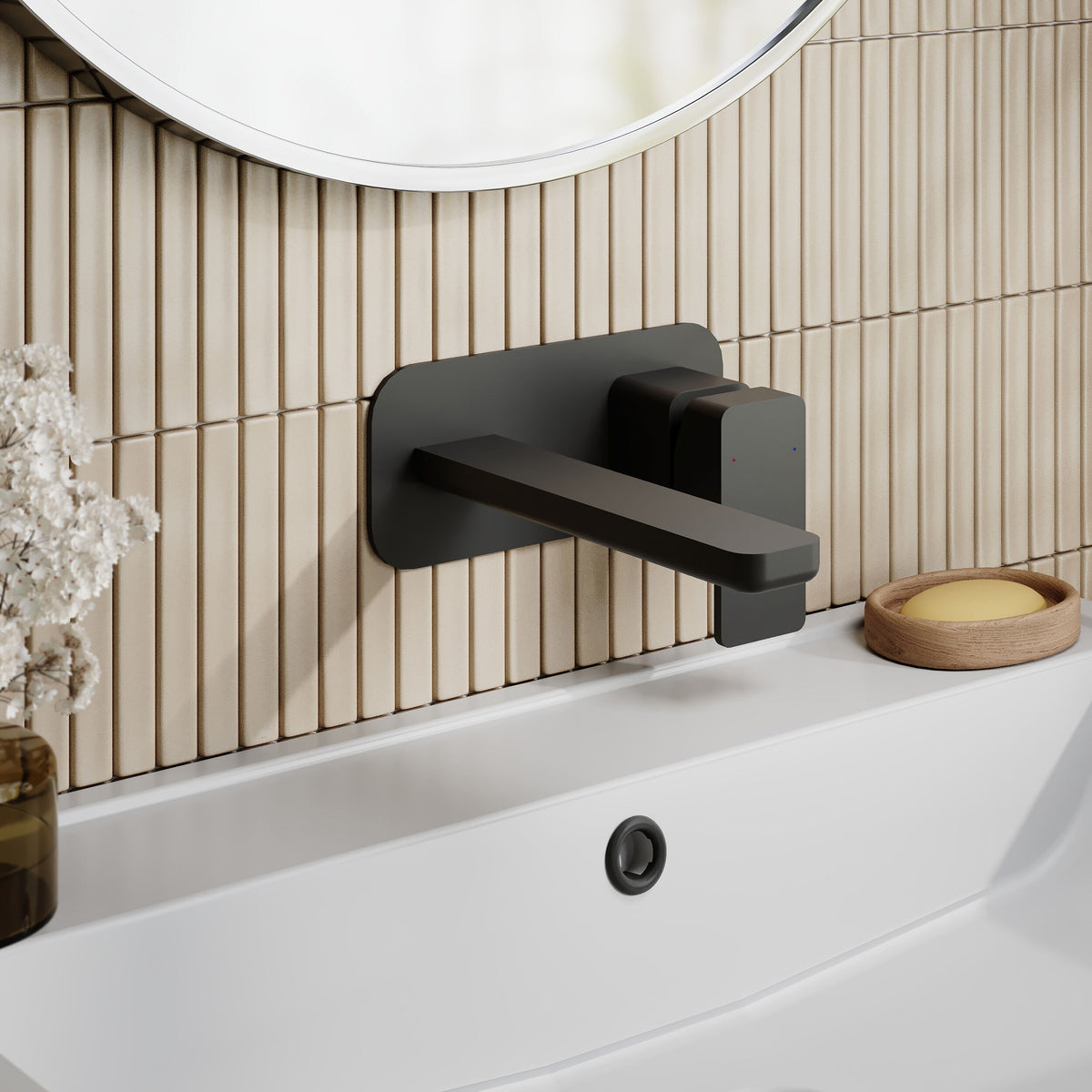 Modern Splash Matt Black 2 Tap Hole Wall Mounted Basin Mixer