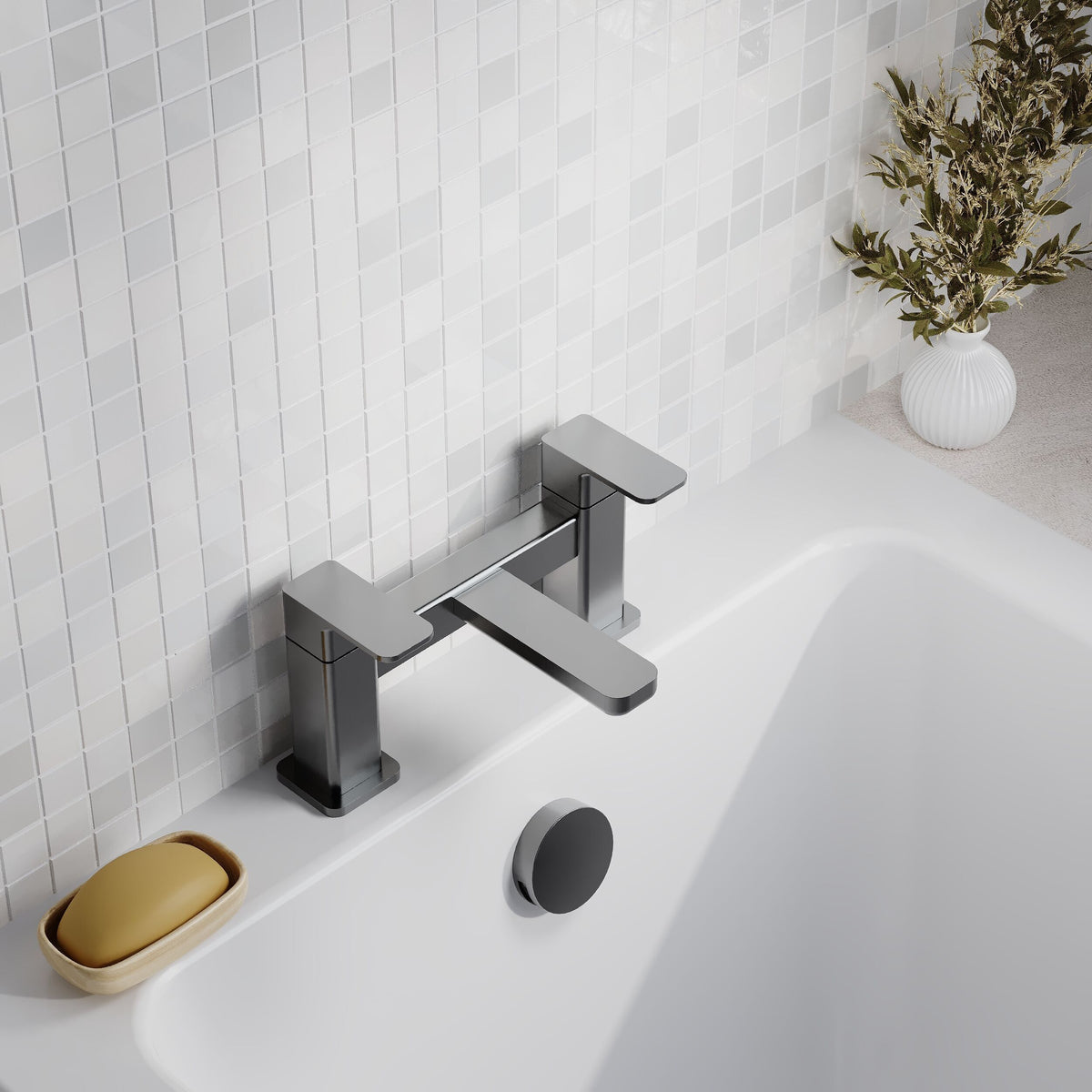 Modern Splash Brushed Pewter Deck Mounted Bath Filler