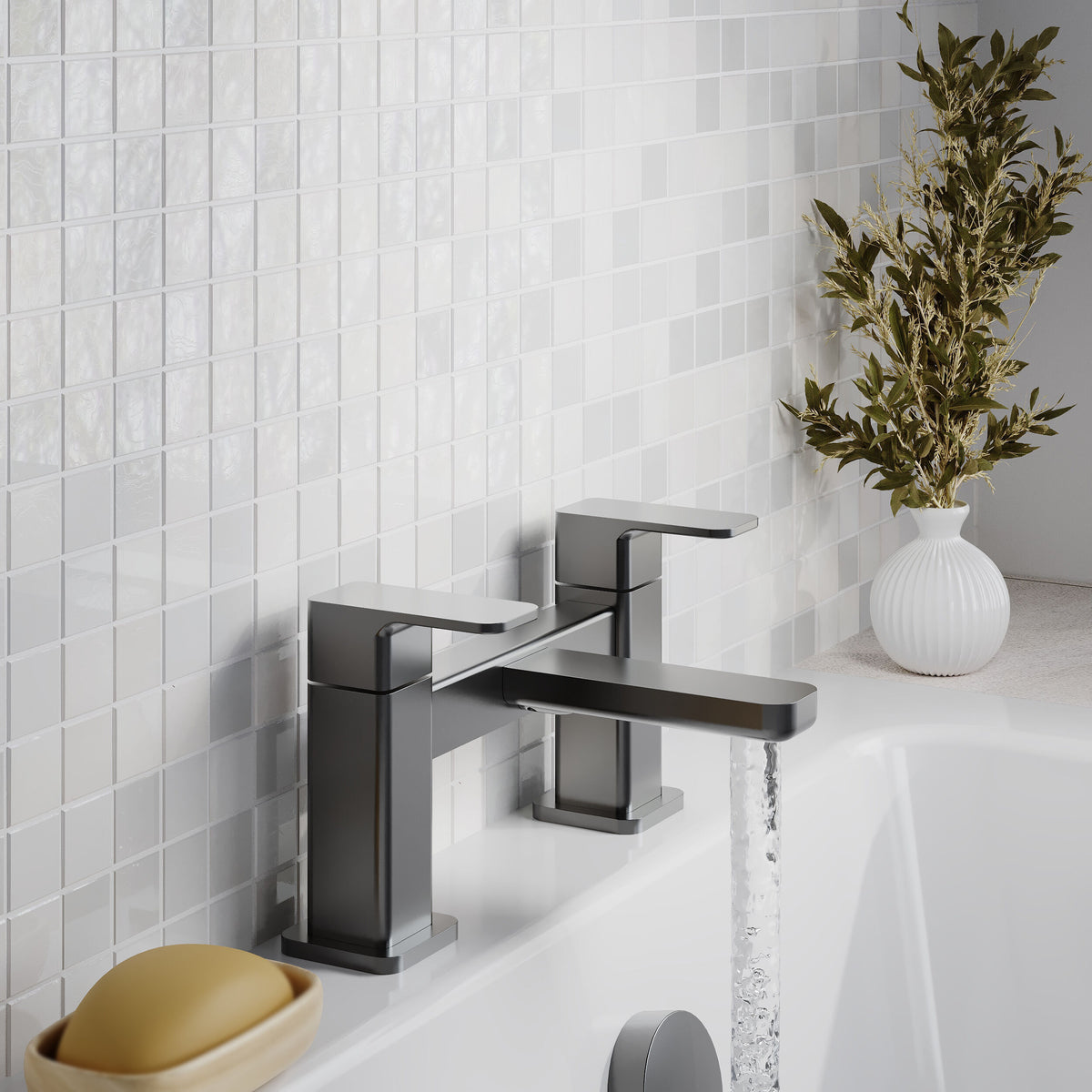 Modern Splash Brushed Pewter Deck Mounted Bath Filler
