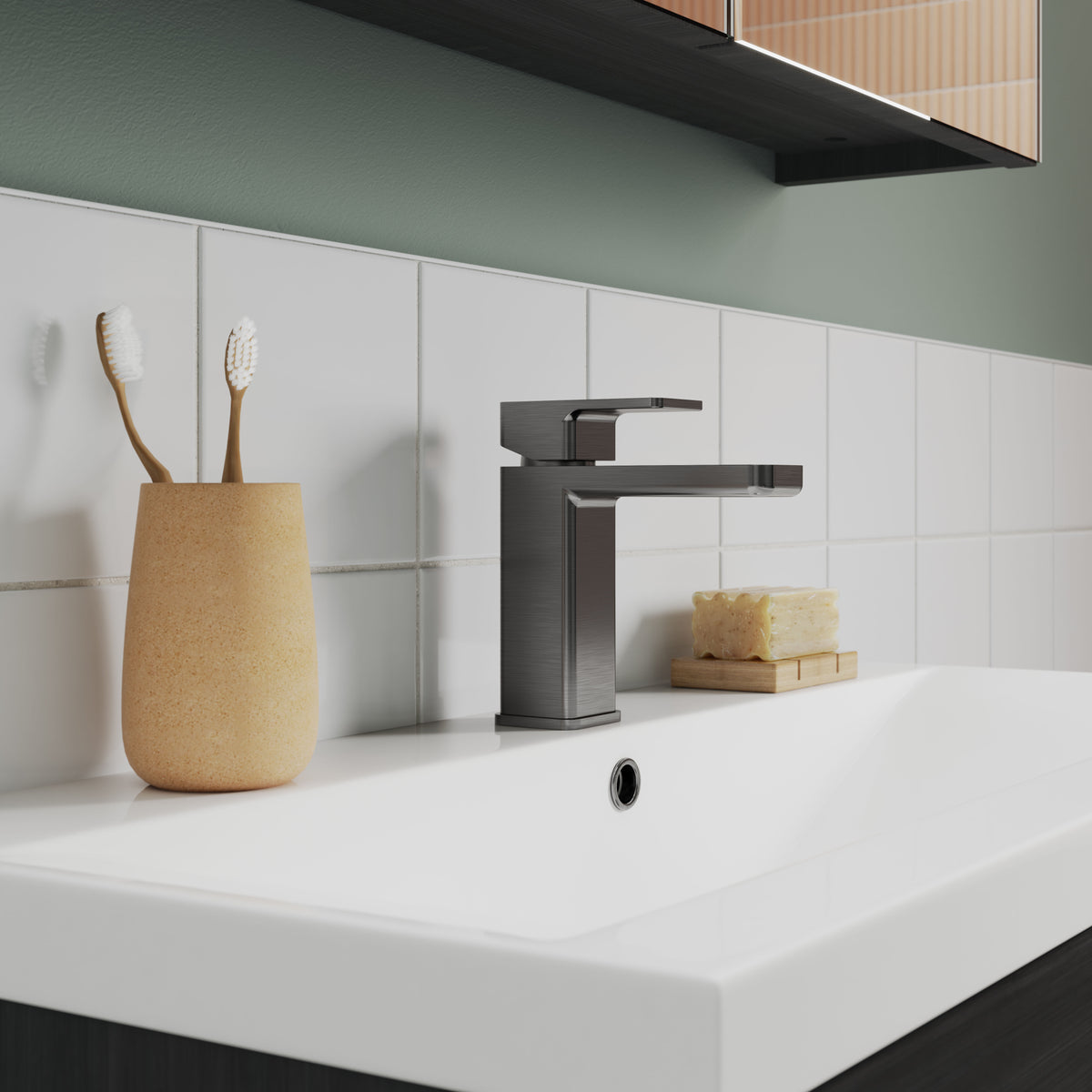 Modern Splash Brushed Pewter Mono Basin Mixer With Push Button Waste