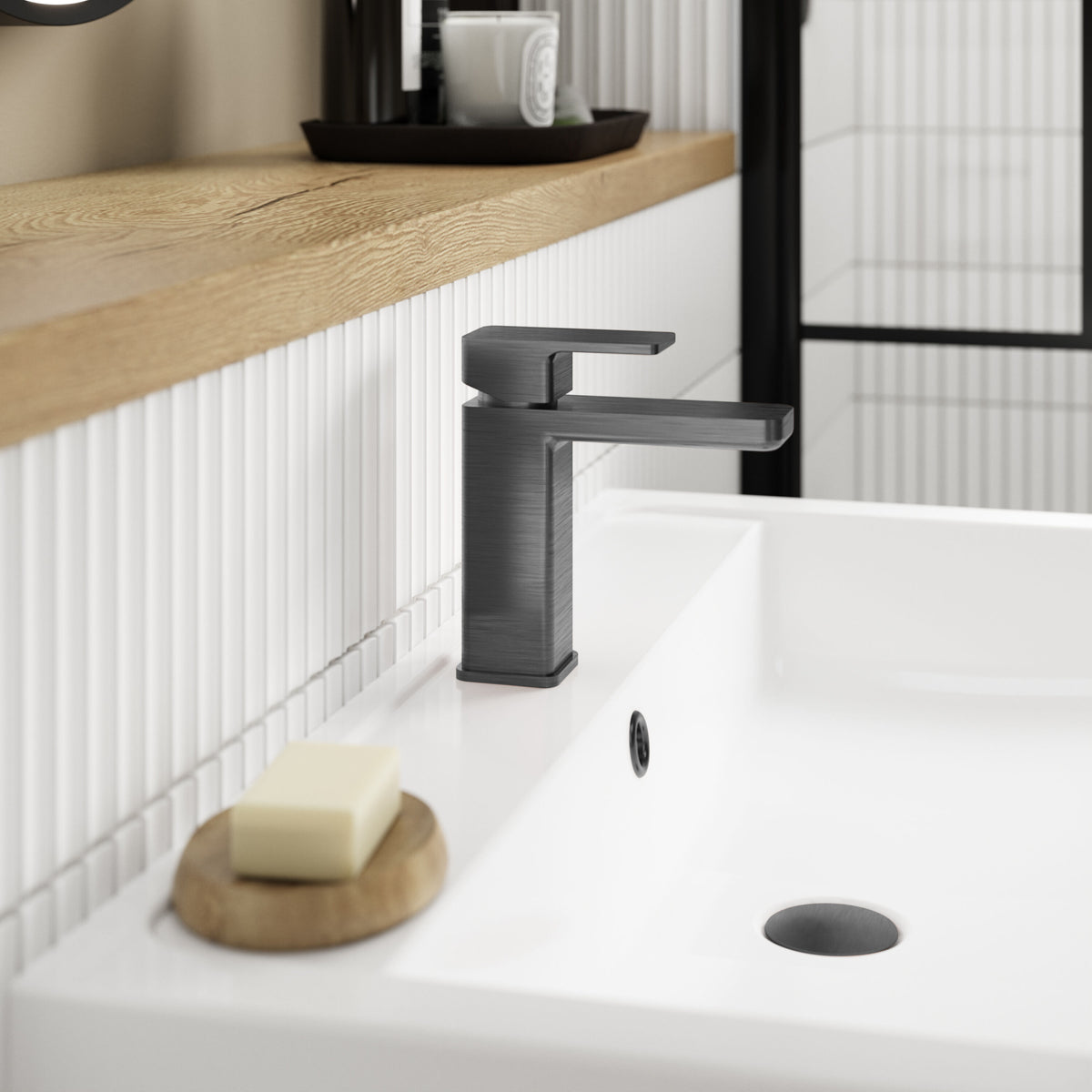 Modern Splash Brushed Pewter Mono Basin Mixer With Push Button Waste