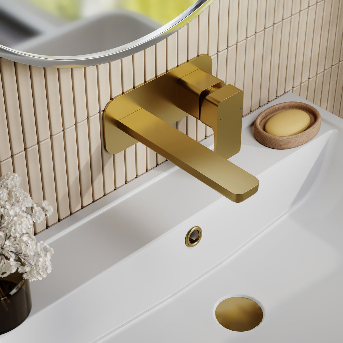 Modern Splash Brushed Brass 2 Tap Hole Wall Mounted Basin Mixer