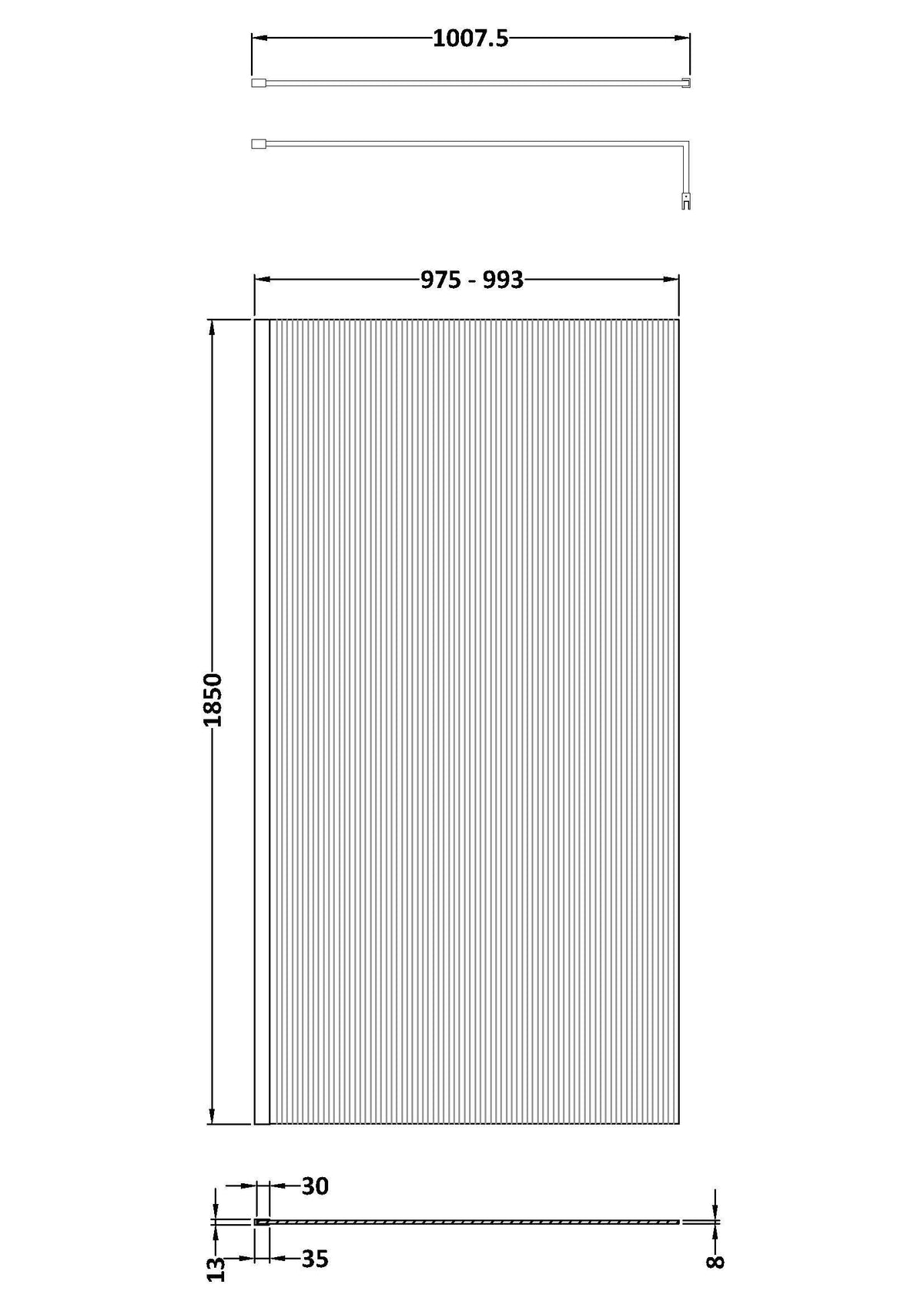 Modern Splash 1000mm Matt Black Fluted Wetroom Screen With Support Bar