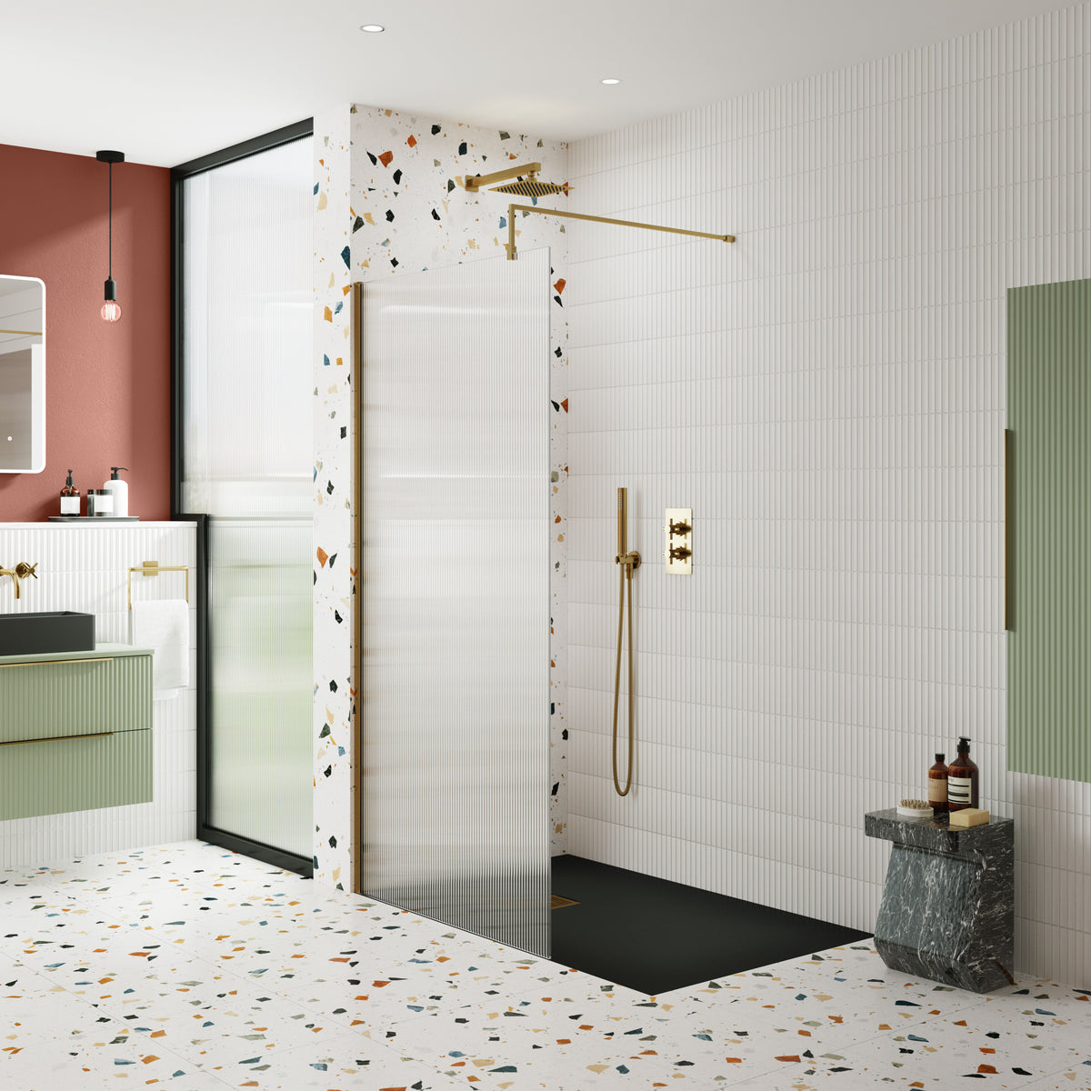 Modern Splash 800mm Brushed Brass Fluted Wetroom Screen With Support Bar