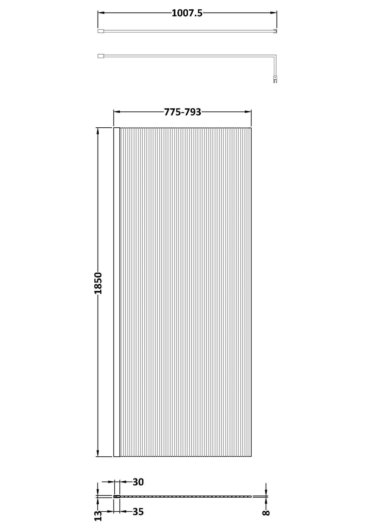 Modern Splash 800mm Brushed Bronze Fluted Wetroom Screen With Support Bar