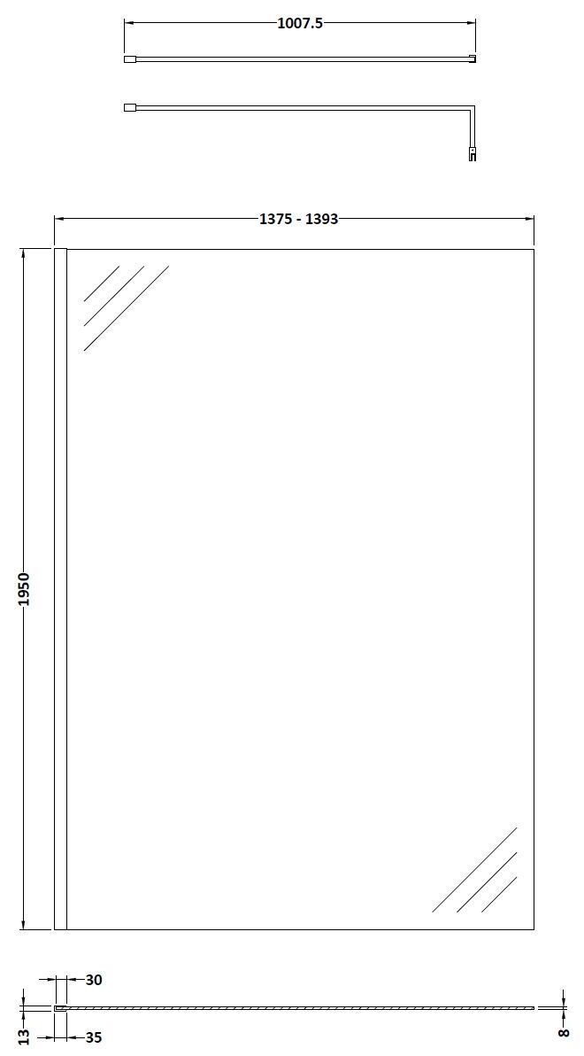 Hudson Reed 1400mm Chrome Wetroom Screen With Support Bar