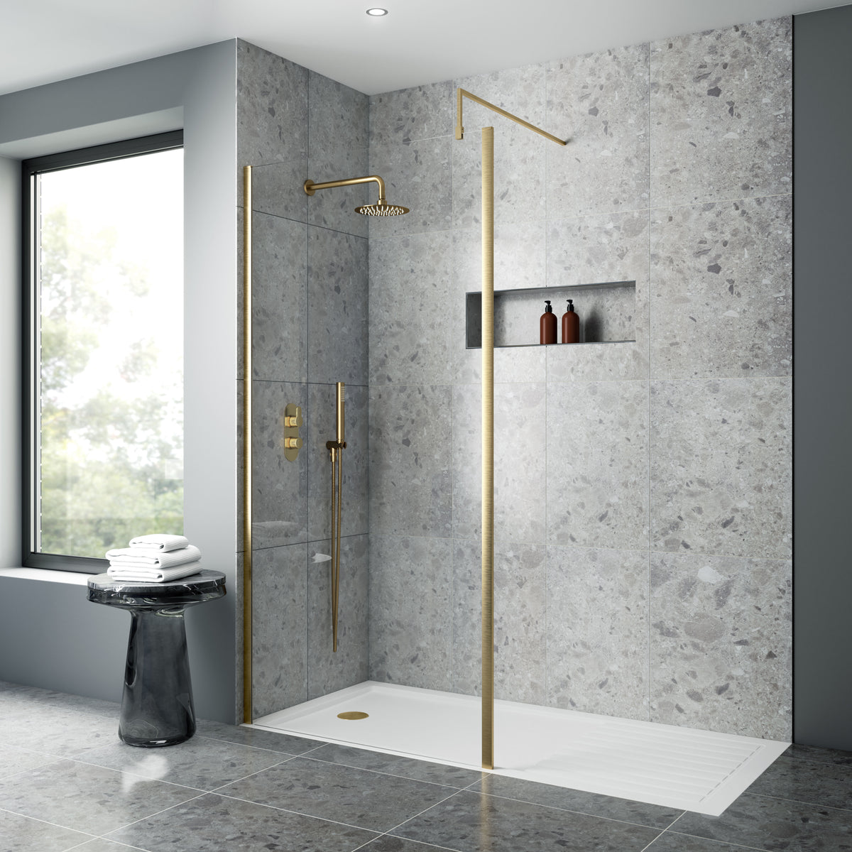 Modern Splash 760mm Brushed Brass Wetroom Screen With Support Bar