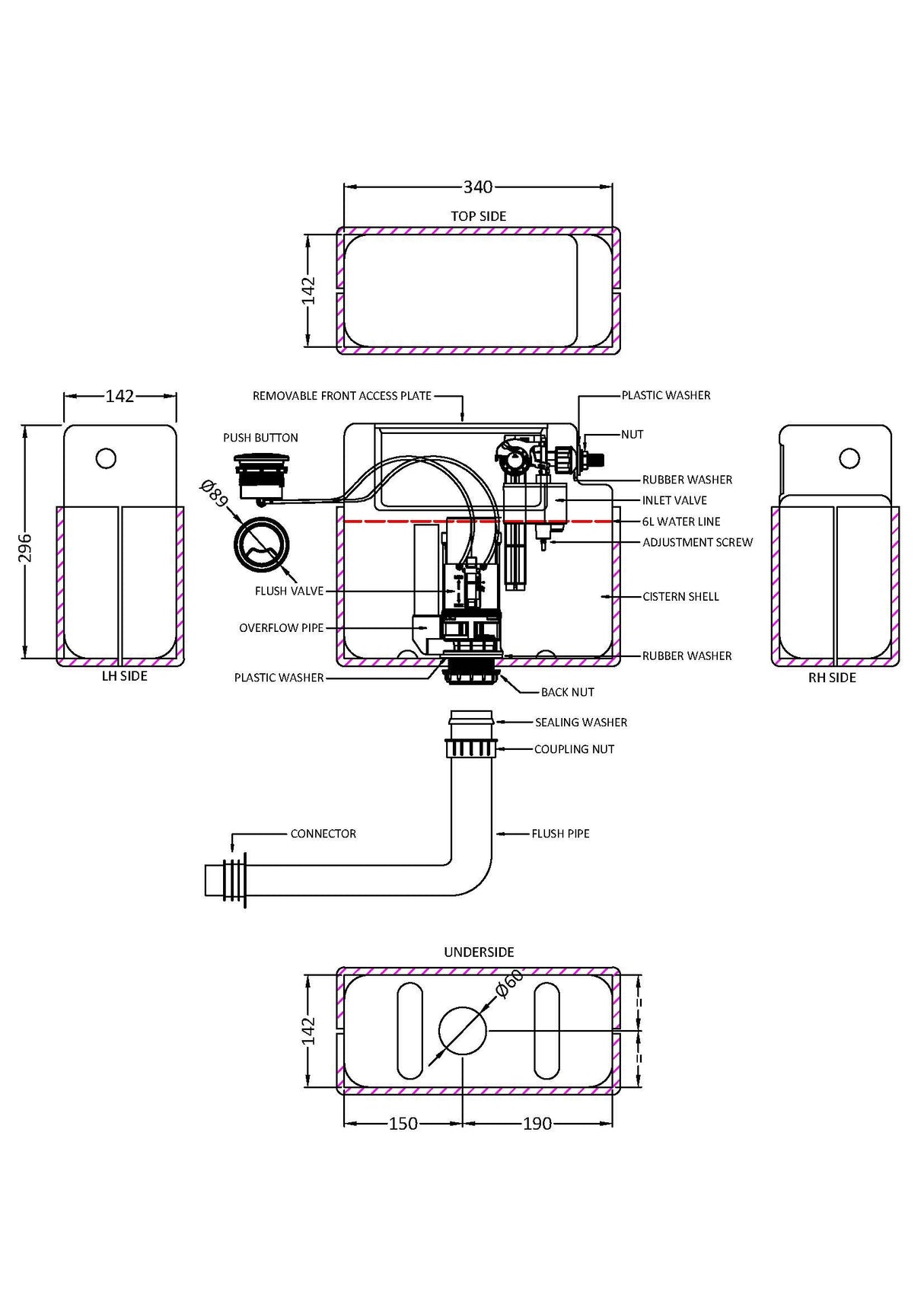 Universal Access White Pneumatic Dual Flush Concealed Cistern with Shroud