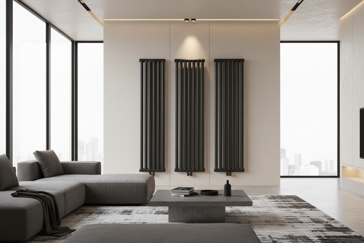 Black radiators in a modern living room (highlighting the radiators)