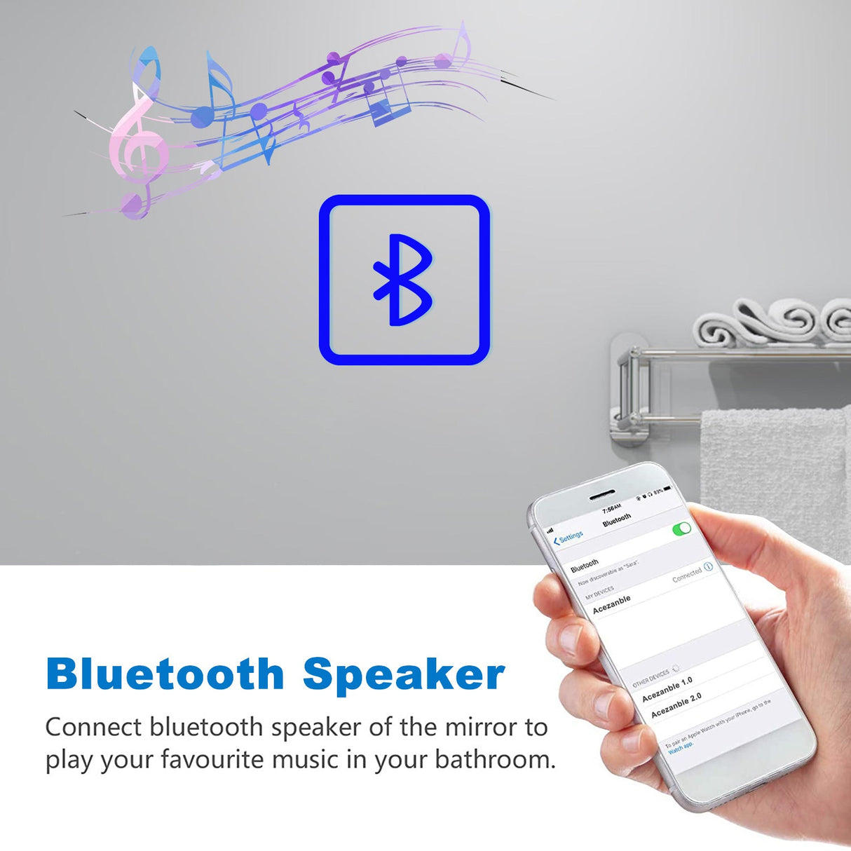 LED Bathroom Mirror with Demister Pad and Bluetooth Speaker 3 Colors Dimming Function| Modern Splash